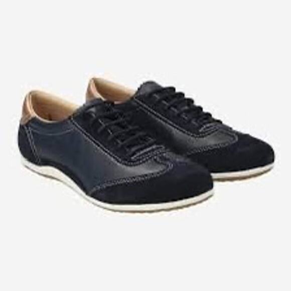 Geox Women's D Vega A Trainers Navy and Gold Leather Slim Line Comfort Sneaker - Picture 1 of 10